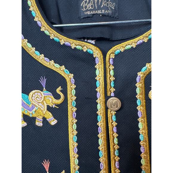 Bob Mackie wearable art black coat embroidered Elephants gold logo buttons large - Picture 9 of 16